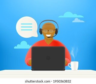 Customer service concept. Young man on hotline. 3d style cute illustration