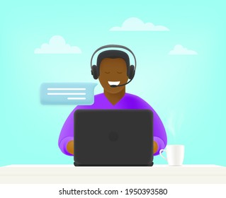Customer service concept. Young man on hotline. 3d style cute illustration
