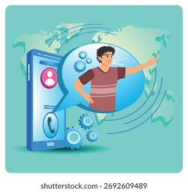 Concepto de Servicio al cliente. Un joven que extiende un saludo desde un teléfono inteligente, rodeado de engranajes y un mapa del mundo. 