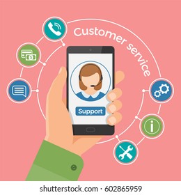 Concepto de servicio al cliente.Concepto de centro de llamadas de asistencia técnica. Mano sosteniendo el smartphone con operador masculino en la pantalla. Ilustración vectorial.