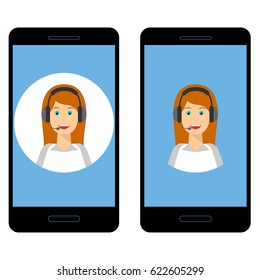 Customer service concept.Technical support call center concept. Smartphone with female operator on the screen. Woman wearing headset. Set.