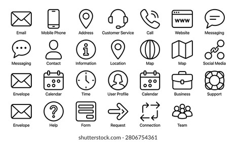 Customer service contact information vector icons with mobile phone, email, address, messaging, website, customer service, call, contact, map, social media, envelope, calendar, time, user profile, business, support, help, form, request, connection, team.
