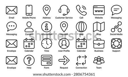 Customer service contact information vector icons with mobile phone, email, address, messaging, website, customer service, call, contact, map, social media, envelope, calendar, time, user profile, business, support, help, form, request, connection, team.