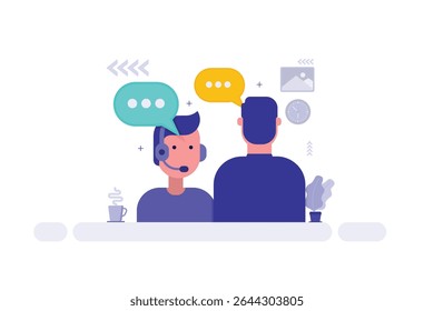 Ilustración de conversación de Servicio al cliente: dos hombres en una mesa con auriculares y burbujas de discurso en verde y amarillo