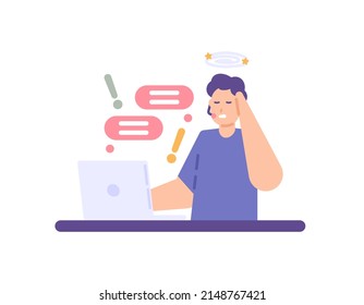 a customer service is dizzy because of a complaint or being scolded by a customer. problems with customers or clients. interaction with consumers. job or profession. flat cartoon concept illustration