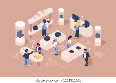 Customer service at electronics store vector illustration. Assistance and advice provided by consultants to people who buy or use its products such as laptop smartphones tablet camera etc