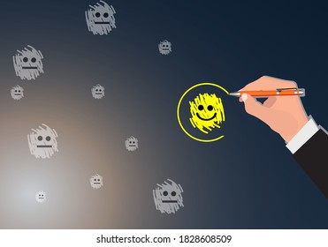 Customer service evaluation and satisfaction survey concepts. Hand of the businessman touching picked the happy face smile.