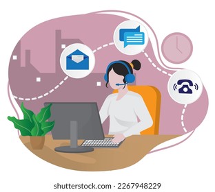 Ejecutivo de servicio al cliente que trabaja en la ilustración de vector de oficina, icono de servicio al cliente, icono plano