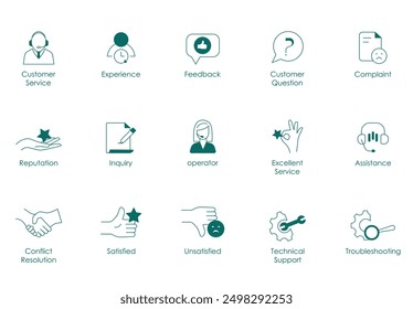 Customer Service, Experience, Feedback, Complaint, Reputation, and More Vector Icons Including Technical Support, Troubleshooting, and Assistance