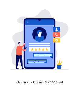 Customer service feedback concept with character standing near big smartphone. Modern vector illustration in flat style for landing page, mobile app, template, web banner, infographics, hero images.