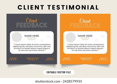 Customer service feedback template on a dark gray and yellow background. Customer feedback review or testimonial with rating section. customer feedback testimonial with quote and photo placeholder.