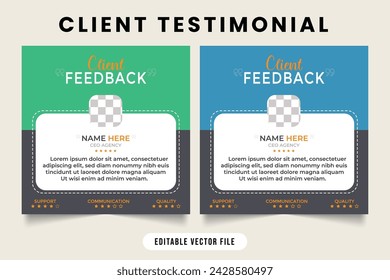 Customer service feedback testimonial layout vector with green and blue colors. Customer service feedback template with photo placeholder vector. Customer satisfaction and work rating template.