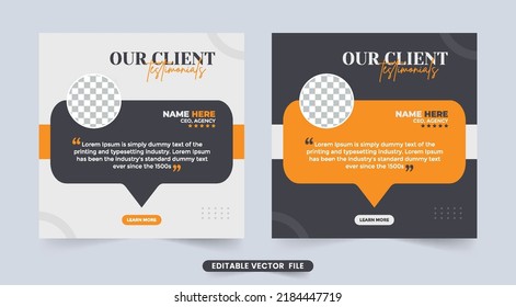 Customer service feedback testimonial template with yellow and dark color. Client testimonials and quote layout design with a photo placeholder. Customer feedback testimonial with star rating section.