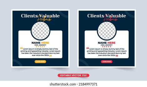 Customer service feedback and work review layout vector. Business client testimonials with photo and quote placeholders. Customer feedback review or testimonial template design vector.