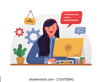 customer service, female cartoon character hotline operator advises client, online global technical support 24 hours, vector flat design illustration 