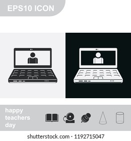Customer service flat black and white vector icon. Laptop illustration.