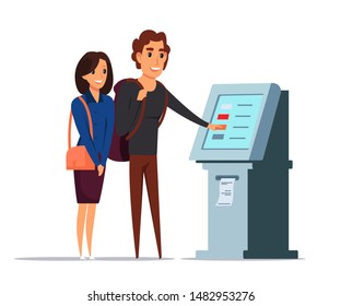 Customer service flat vector illustration. People using ATM cartoon characters. Bank lounge zone, hall, waiting room
