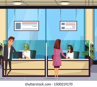 Customer service flat vector illustration. Happy clients and friendly staff cartoon characters. Smiling man and woman at reception. Female receptionists behind counter. Passport office, travel agency