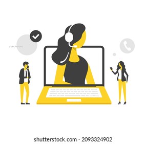 Servicio al cliente. Ilustración vectorial plana. Personas con teléfonos móviles y operador de centro de llamadas en pantalla portátil. Asistencia al cliente, servicio al cliente, servicio de chat en directo. Conceptos modernos. Diseño plano