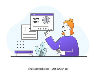 Concepto de guía de servicio al cliente. El empleado lee una publicación con reglas para clientes y usuarios. Young Woman señala el documento de texto. Ayuda y soporte técnico. Ilustración vectorial plana moderna de dibujos animados