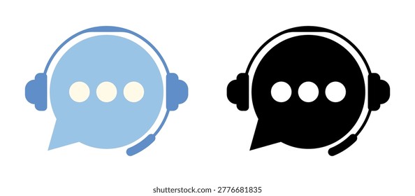 Customer service headset icon with speech bubble and dots. A simple graphic representing a call center agent with a headset and a chat bubble, available in blue and black