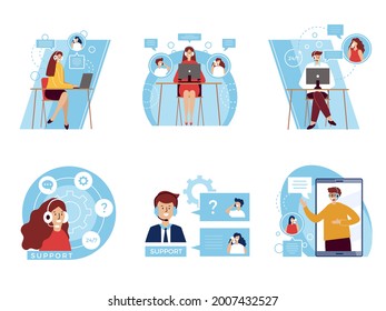 Customer service. Headset office help characters phone dialogue with clients corporate clients talking happy consultant recent vector flat illustrations