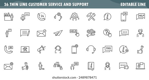 customer service help icon set, customer support, advice contact information, thin line symbol isolated on white background, editable stroke eps 10 vector illustration