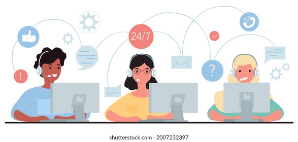 Customer service, hotline diverse operators consult customers with headsets on computers, 24 7 global online technical support, Call center, call processing system. Flat cartoon vector illustration