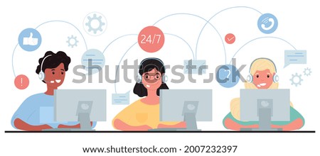 Customer service, hotline diverse operators consult customers with headsets on computers, 24 7 global online technical support, Call center, call processing system. Flat cartoon vector illustration