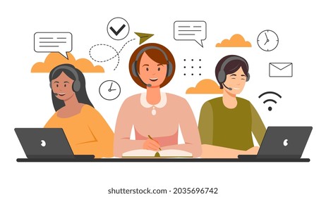 Customer service, hotline. Help for users, answers to questions. 24 7 global online technical support, call center. Acceptance of applications. Flat vector illustration isolated on white background