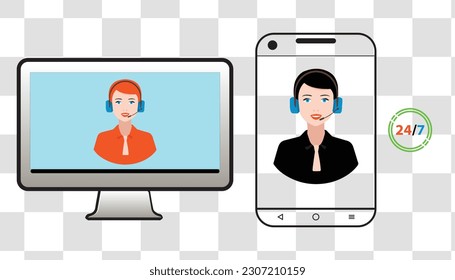 Customer service, hotline operator, 247 global online technical support, Call center, call processing system, Vector illustration isolated on transparent background.