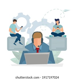 Customer service, hotline operator advises customer, online global technical support 24 7, customer and operator. Vector illustration