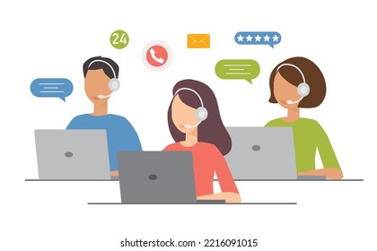 customer service, hotline operator, advises customer, online global technical support, vector illustration