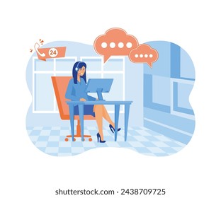 Customer service, hotline operator advises customer, online global technical support, customer and operator. flat vector modern illustration 