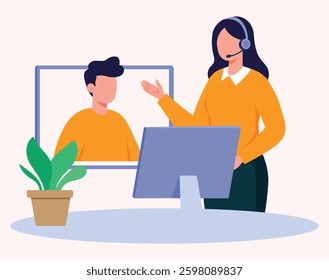 customer service, hotline operator advises customer, online global technical support 247, customer illustration