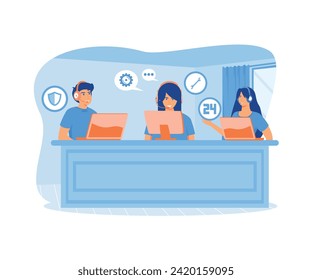 Customer service, hotline operator consulting with customer with headset on computer. flat vector modern illustration 