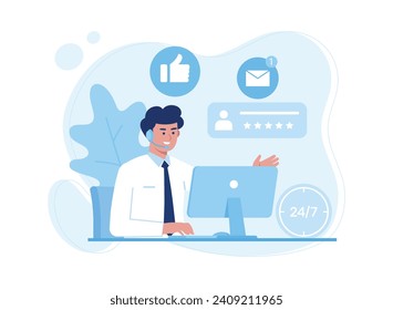 customer service, hotline operator consults with customer with headset on computer trending concept flat illustration