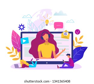 Customer service, hotline  operator for web page, banner, presentation, social media concept. Online global technical support. Online assistant vector illustration.