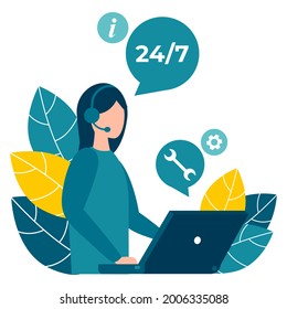 Kundenservice, Hotline-Betreiber beraten Kunden. 24 7 Globaler technischer Online-Support, Call Center, Call Processing System. Vektorisolierte EPS10
