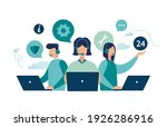 Customer service, hotline operators consult customers with headsets on computers, 247 global online technical support, Call center, call processing system, Vector illustration 