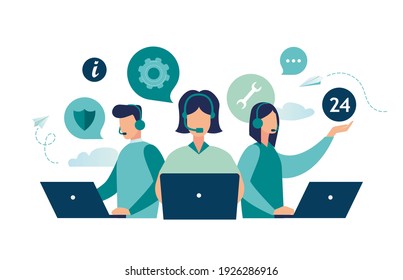Customer service, hotline operators consult customers with headsets on computers, 247 global online technical support, Call center, call processing system, Vector illustration  - Shutterstock ID 1926286916