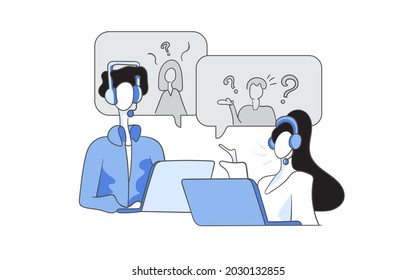 Customer service, hotline operators consult customers with headsets on computers, 247 global online technical support, Call center, call processing system, Vector illustration