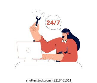 Customer service, hotline operators consult customers. 24 7 global online technical support, Call center, call processing system, Vector illustration. Customer support character vector illustration