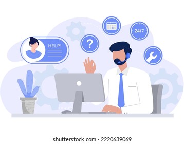 Customer service, hotline operators consult customers with headsets on computers, 24 hours global online technical support, Call center. Modern vector flat illustration