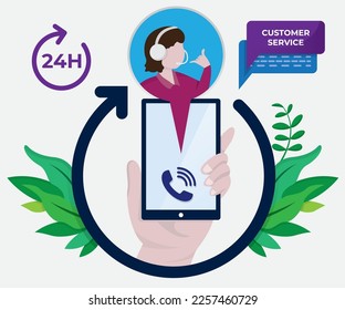 Customer service, hotline operators consult customers with headsets on computers, 247 global online technical support, Call center, call processing system, Vector illustration