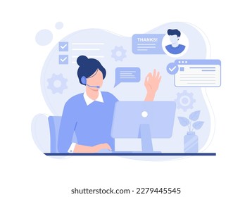 Customer service, hotline operators consult customers with headsets on computers, 24 hours global online technical support, Call center. Modern vector flat illustration