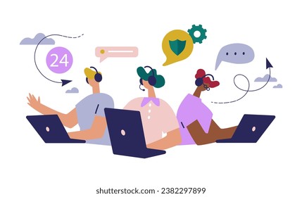 Customer service, hotline operators consult customers with headsets on computers, 247 global online technical support, Call center, call processing system, Vector illustration