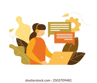Customer service, hotline operators consult customers with headsets on computers, 24 7 global online technical support, Call center, call processing system, Vector illustration