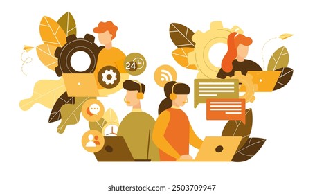 Customer service, hotline operators consult customers with headsets on computers, 24 7 global online technical support, Call center, call processing system, Vector illustration 