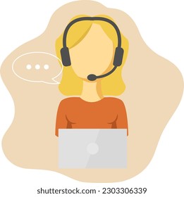 Customer service icon in flat design. Female call center with headphones and microphone is using laptop. Symbols of help and support teams.